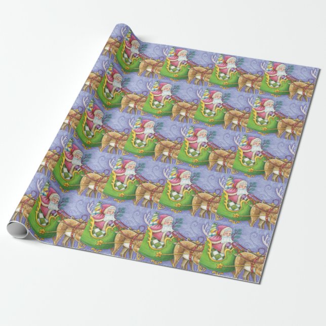 Söt tecknad jul tomte släde renar presentpapper (Utrullad)