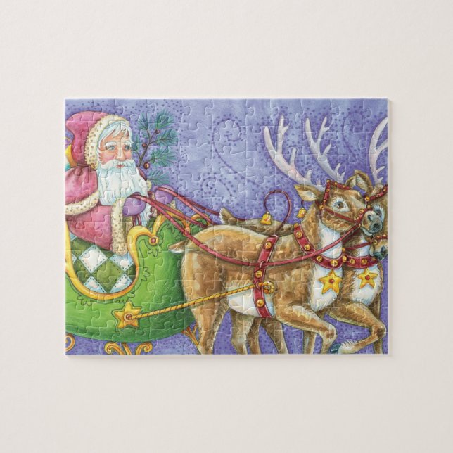 Söt tecknad jul tomte släde renar pussel (Horisontell)