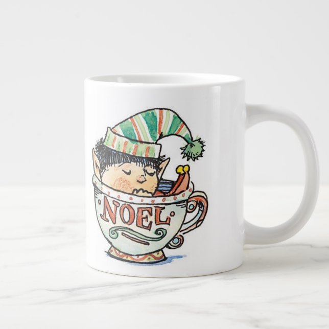 Söt tecknad jul-tomte sover i en tekopp jumbo mugg (Höger)