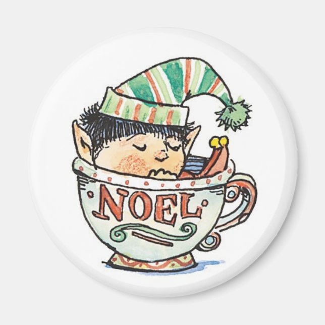 Söt tecknad jul-tomte sover i en tekopp magnet (Framsidan)