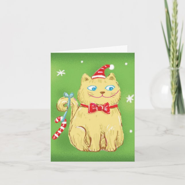 Söt tecknad julkatt med tomtehatt helgkort (Framsida)
