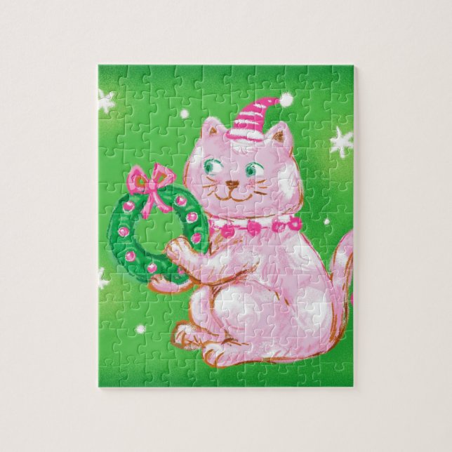 Söt tecknad julkatt som håller krans pussel (Vertikal)