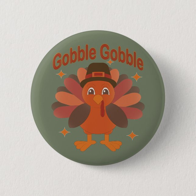 Söt tecknad kalkon för Thanksgiving – “Gobble Gobb Knapp (Framsida)