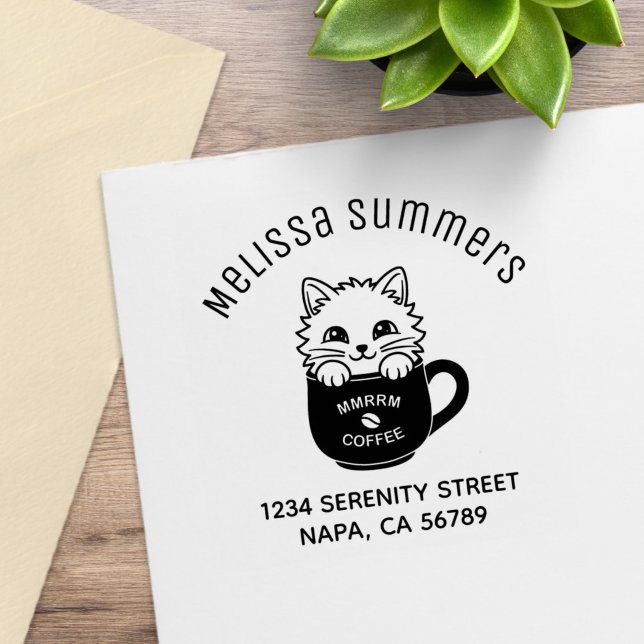 Söt Tecknad Katt i Kaffekopp Arkadress Stämpel (Skapare uppladdad)
