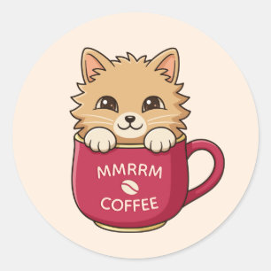 Söt Tecknad Katt i Kaffemugg Beige Anpassad Text Runt Klistermärke
