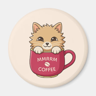 Söt Tecknad Katt Kaffe Mugg Beige Anpassad Text Magnet