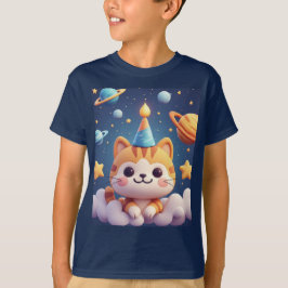 Söt tecknad katt på moln med födelsedagsmössa t shirt