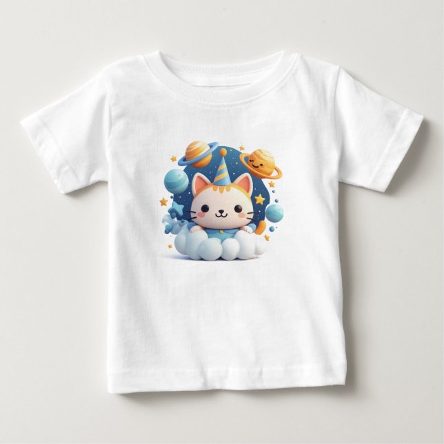 Söt tecknad katt på moln med födelsedagsmössa t shirt (Framsida)
