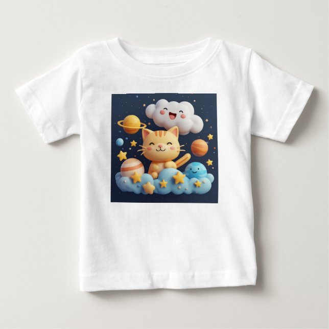 Söt tecknad katt på moln med födelsedagsmössa t shirt (Framsida)