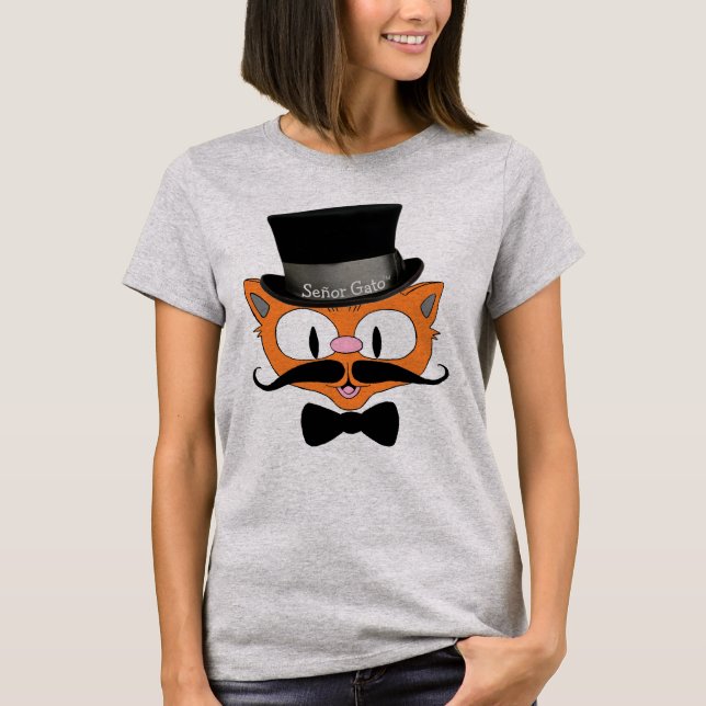 Söt Tecknad Katt Señor Gato Handlebar Mustasch T Shirt (Framsida)