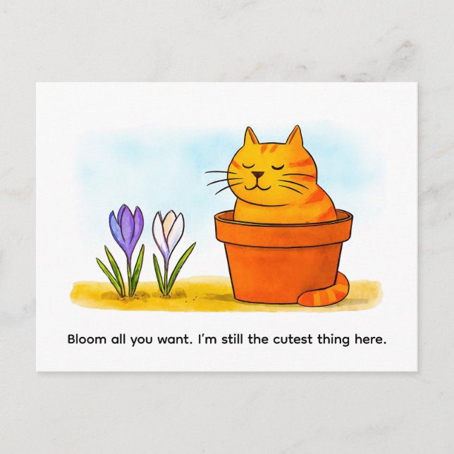 Söt tecknad katt som sitter i vårblommor vykort (Framsida)