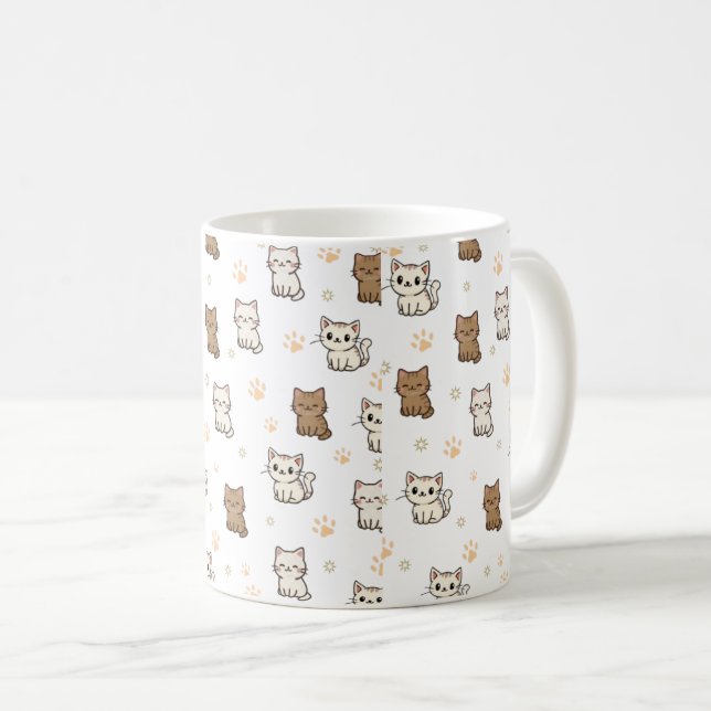 Söt Tecknad Kattmönstrad Mugg | Kawaii Kitty Kaffe (Framsida höger)