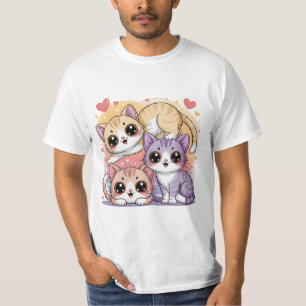 Söt tecknad kattrio med hjärtan t shirt
