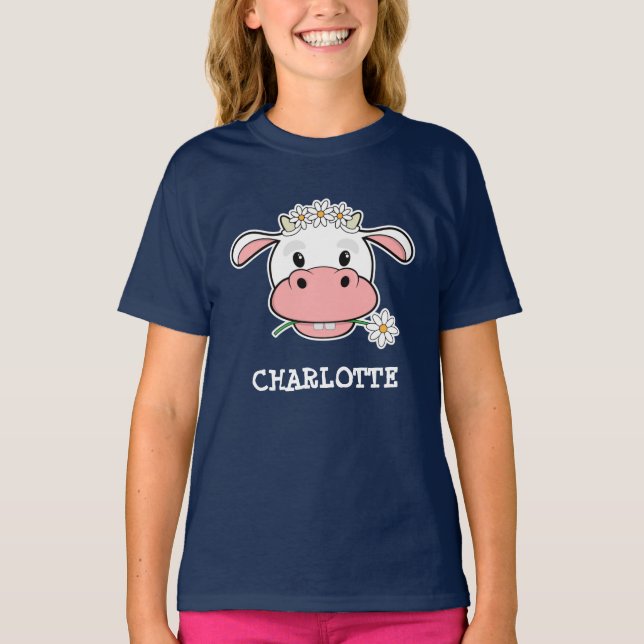 Söt Tecknad Ko | Anpassad Namn Gårdsdjur T-Shirt (Framsida)