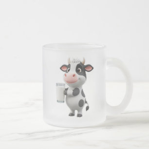 Söt tecknad ko dricker mjölk ur glas frostad glasmugg