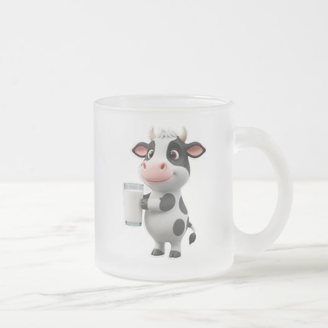 Söt tecknad ko dricker mjölk ur glas frostad glasmugg (Höger)