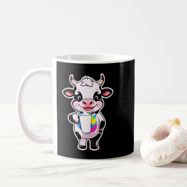 Söt tecknad ko dricker mjölk ur glas kaffemugg (Med munk)