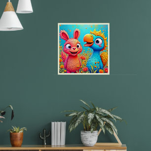 Söt Tecknad Papegoja Kanin Konst Poster