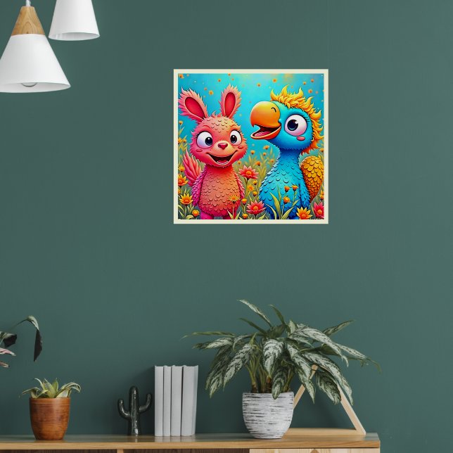 Söt Tecknad Papegoja Kanin Konst Poster (Vardagsrum 1)