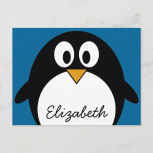 söt tecknad penguin blå bakgrund vykort