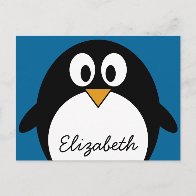 söt tecknad penguin blå bakgrund vykort (Framsida)