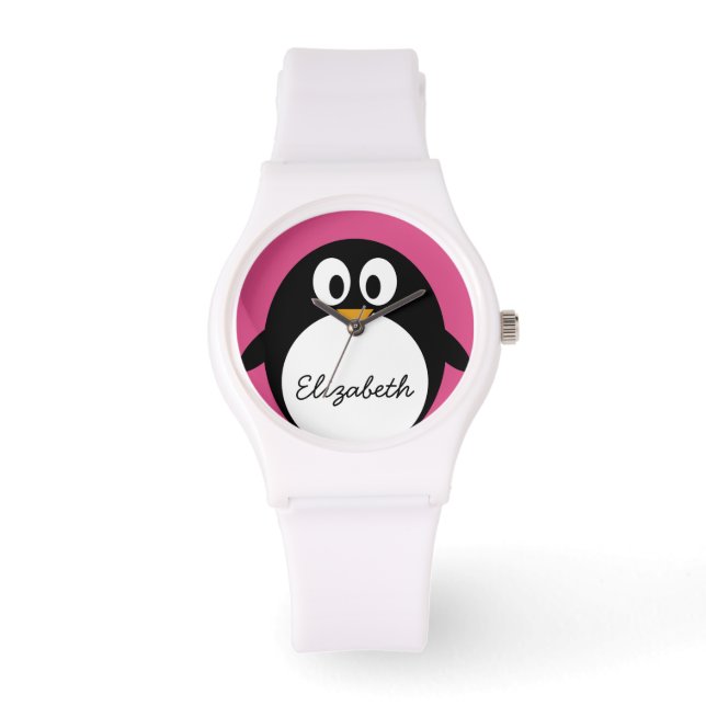 Söt tecknad penguin rosa och svart armbandsur (Framsida)