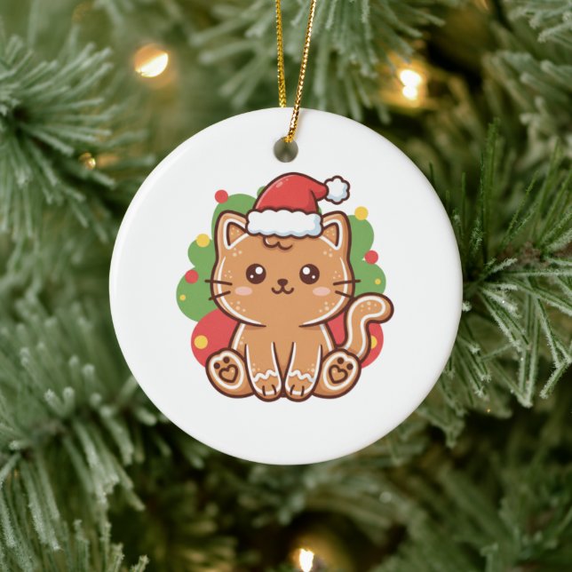 Söt tecknad pepparkakskatt kakor jul  julgransprydnad keramik (Träd)