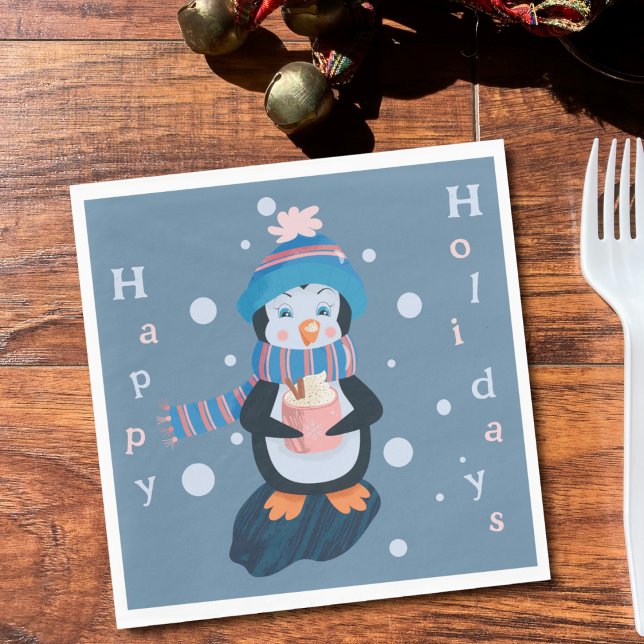 Söt Tecknad Pingvin Blå Högtider Pappersservett (Cute cartoon penguin Holidays blue paper napkin . )