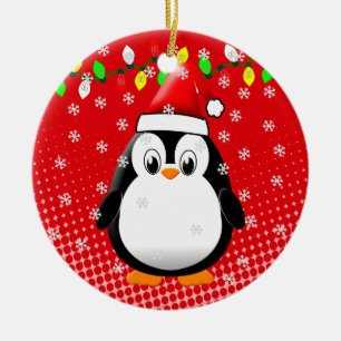 Söt tecknad pingvin jultomte hatt julbelysning julgransprydnad keramik