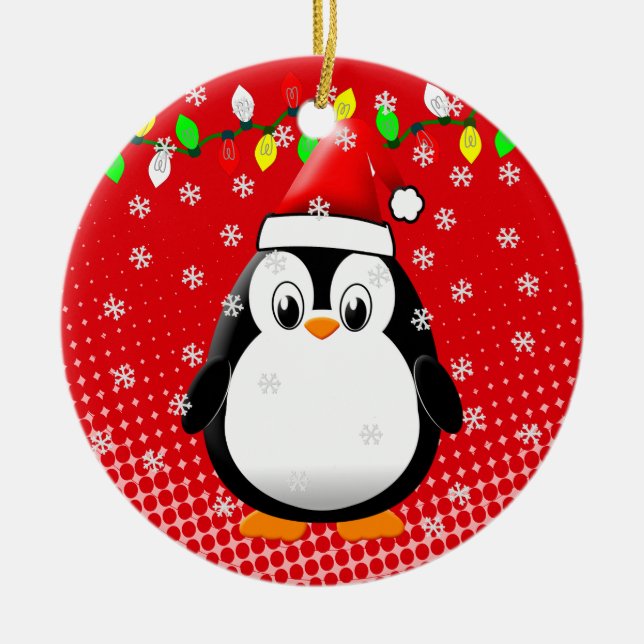 Söt tecknad pingvin jultomte hatt julbelysning  julgransprydnad keramik (Framsidan)