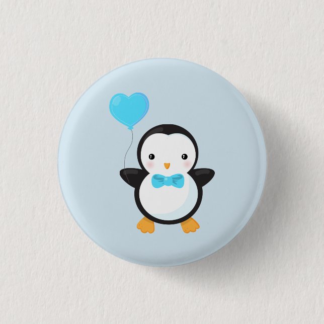 Söt tecknad pingvin med blå hjärtballong knapp (Framsida)