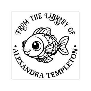 Söt Tecknad Puffig Fisk Biblioteksbok Namn Självfärgande Stämpel
