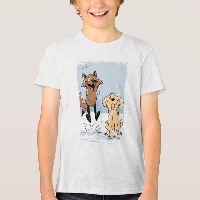 Söt Tecknad Räv Hoppar i Snö Barn Grafisk T-Shirt (Framsida)