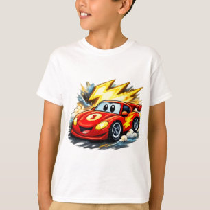 Söt Tecknad Röd Racingbil med Blixt för Barn T Shirt