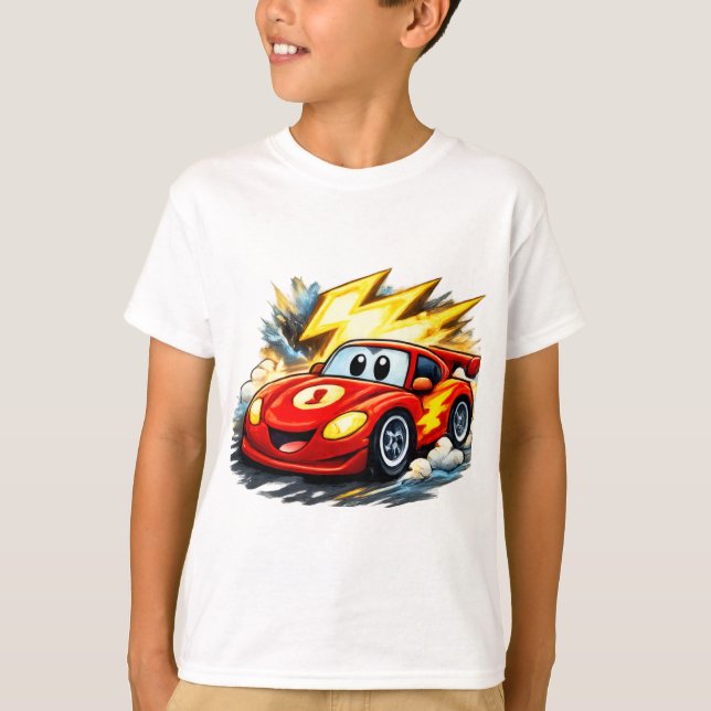 Söt Tecknad Röd Racingbil med Blixt för Barn T Shirt (Framsida)