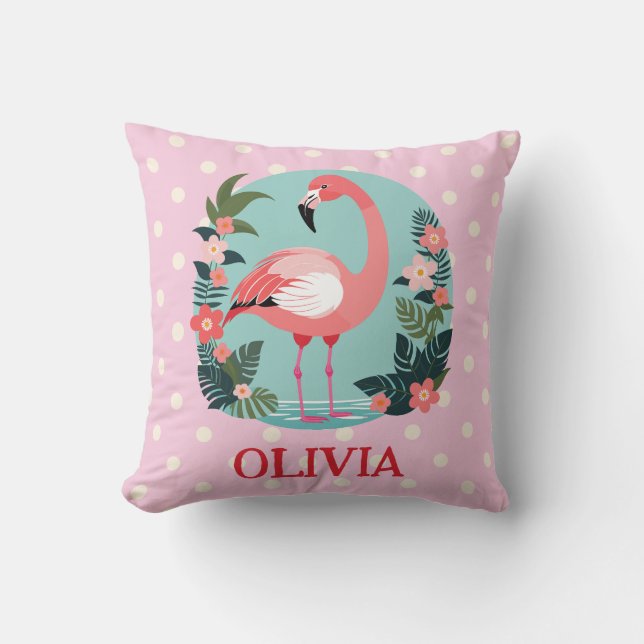 Söt Tecknad Rosa Blommig Flamingo med Prickar Kudde (Framsida)