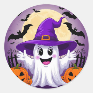 Söt Tecknad Spök Häxa Hatt Pumpa Halloween Runt Klistermärke