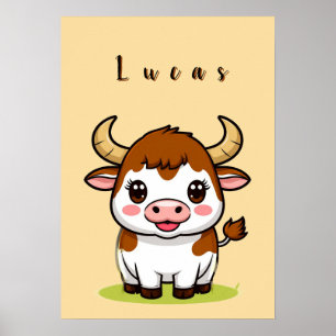 Söt Tecknad Tjurbull Dekoration för Barnrum🐂 Poster
