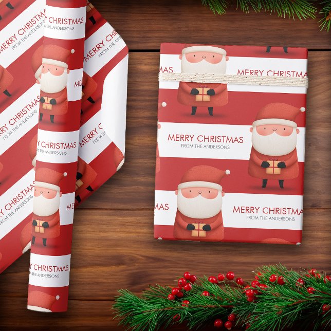 Söt Tecknad Tomte God Jul Namn Röd Present Presentpapper (Cute Cartoon Santa Merry Christmas Name Red Gift Wrapping Paper)