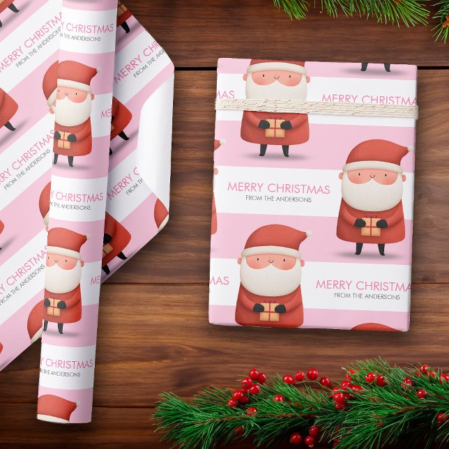 Söt Tecknad Tomte God Jul Namn Rosa Present Presentpapper (Cute Cartoon Santa Merry Christmas Name Pink Gift Wrapping Paper)