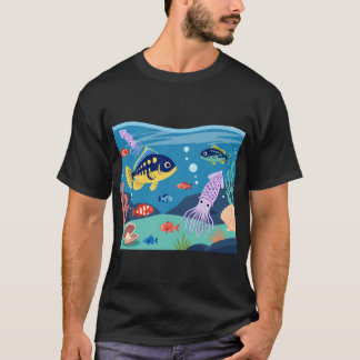 Söt tecknad undervattensscen med fisk och t shirt
