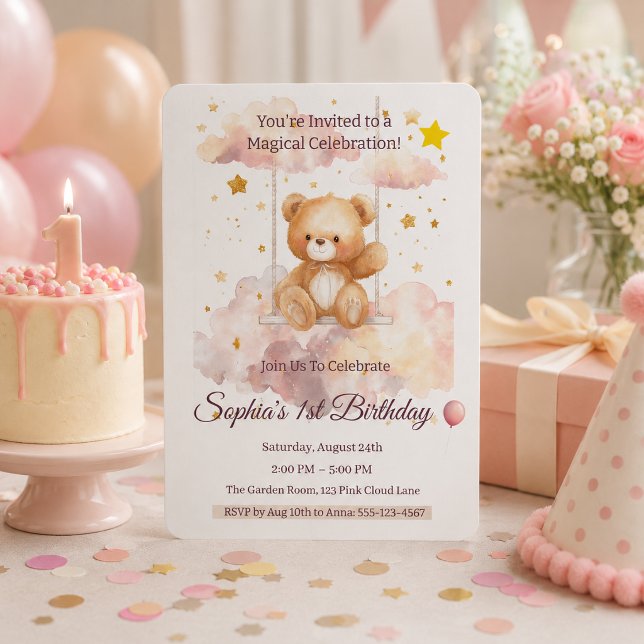 Söt teddybjörn 1-års födelsedag – Anpassad  Inbjudningar (Skapare uppladdad)