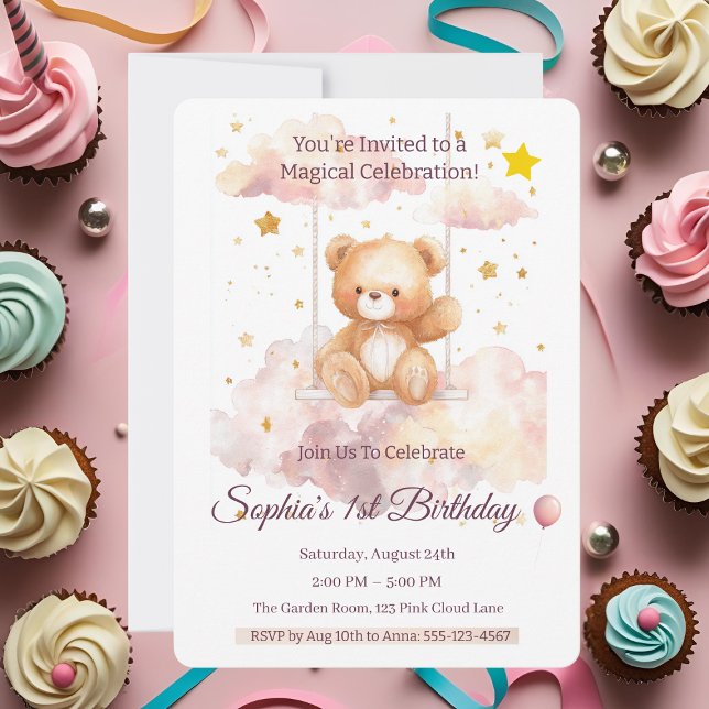 Söt teddybjörn 1-års födelsedag – Anpassad  Inbjudningar (Skapare uppladdad)