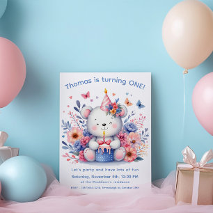 Söt teddybjörn 1-årsdag inbjudningar