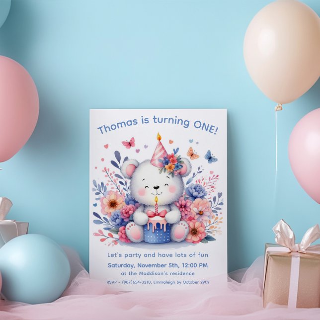 Söt teddybjörn 1-årsdag inbjudningar (Skapare uppladdad)