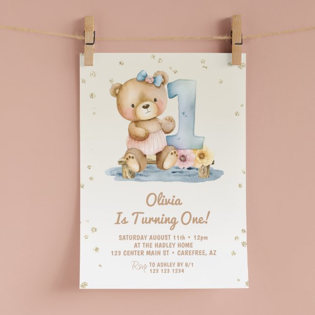 Söt teddybjörn 1-årsdag inbjudningar (Skapare uppladdad)