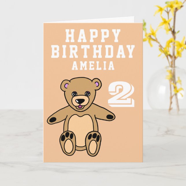 Söt teddybjörn 2-årsdag Grattis på födelsedagen Kort (Gul blomma)
