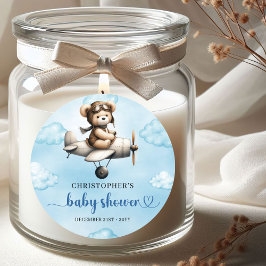 Söt Teddybjörn Aviator Blå Brun Pojke Babyfirande Runt Klistermärke