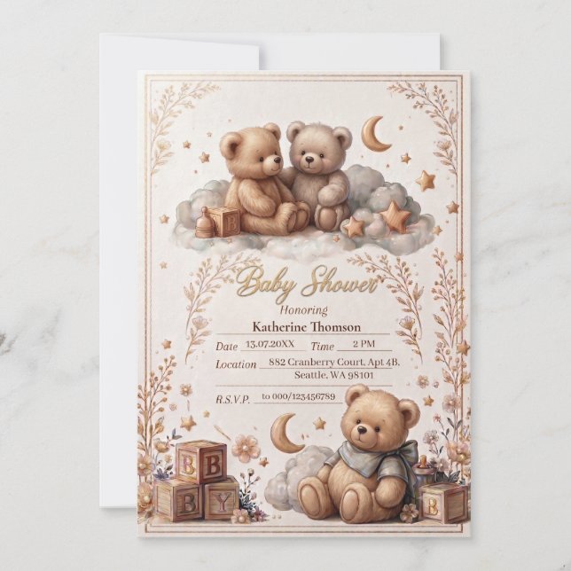 Söt Teddybjörn Baby Shower Inbjudan  (Framsida)