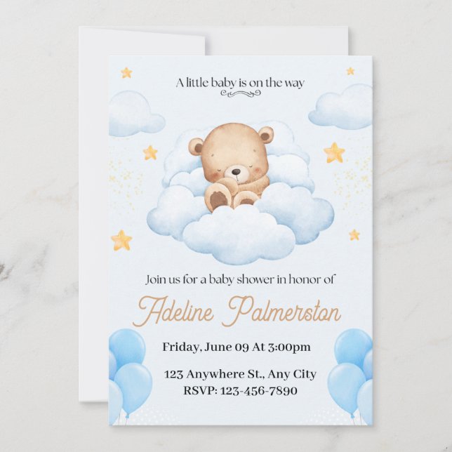 Söt Teddybjörn Baby Shower Inbjudan  (Framsida)